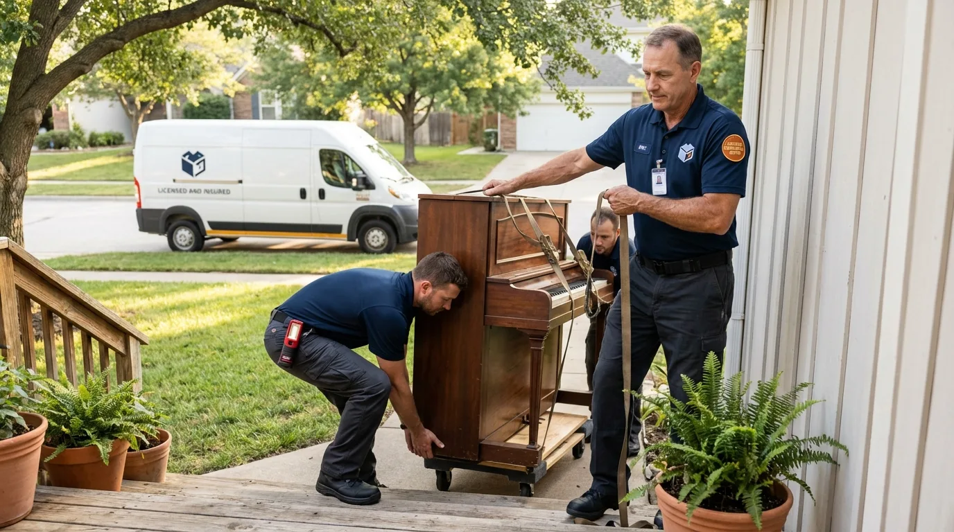 Licensed piano movers securing grand piano in Delano, CA