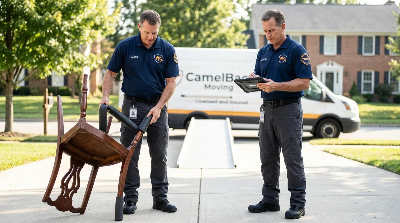 Movers inspecting furniture for damage prevention before loading in Delano, CA