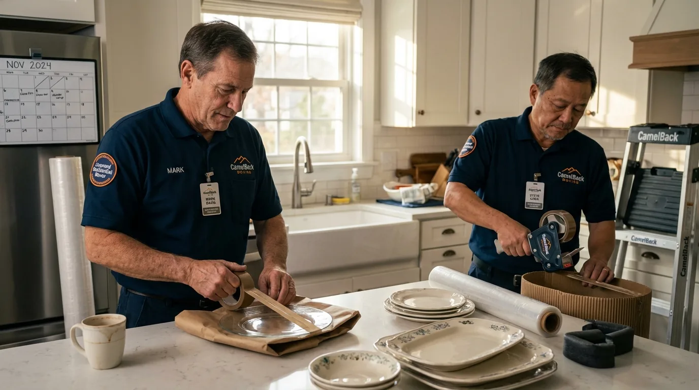 Professional crew packing kitchen dishware in Delano, CA